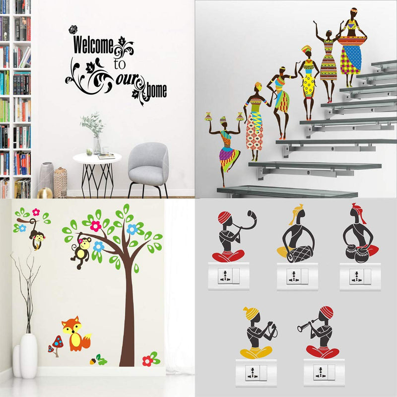 Walltech Combo of 4 Wall Sticker Welcome to Our Home Vine-(76 x46 cms) | Tribal Lady-(180 x 60 cms) | Monkey Hanging on Tree-(120 x 120 cms) | sb Folk Band-(11 x15 cms) - Material Vinyl