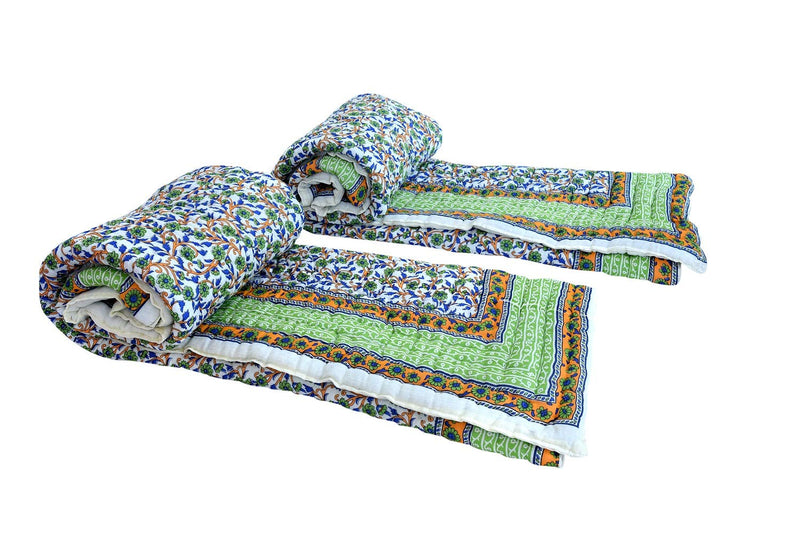 Namaste India Jaipuri Light Weight Traditional Cotton 400 TC Quilt (Single Green_Multicolour -Set of 2