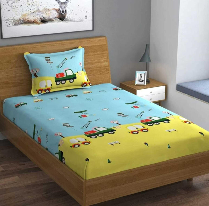 Single Bed Kids Room Elastic Fitted Bedsheet with1 Pillow Cover (Fits Upto 6 inch Mattress) (Light Blue)