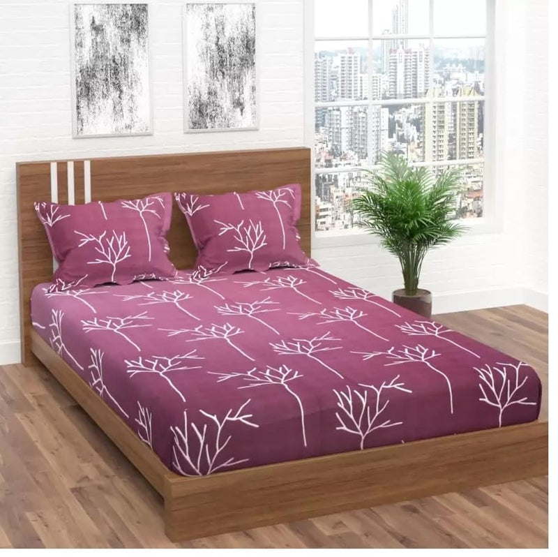 COMFOLUST Cotton Feel Glace Cotton Elastic Fitted Printed King Size Double Bed Bedsheet With 2 Pillow Cover(72"X78", Purple), 200 TC