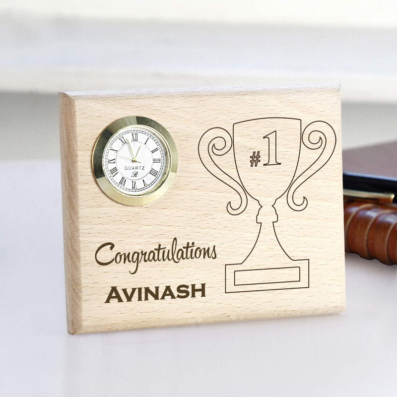 Graphicalmela Wooden Table Clock with Trophy - Congratulation for Mom Dad Uncle Aunty Boss Friend Office Colleagues Boyfriend Girlfriend Sister - Brown