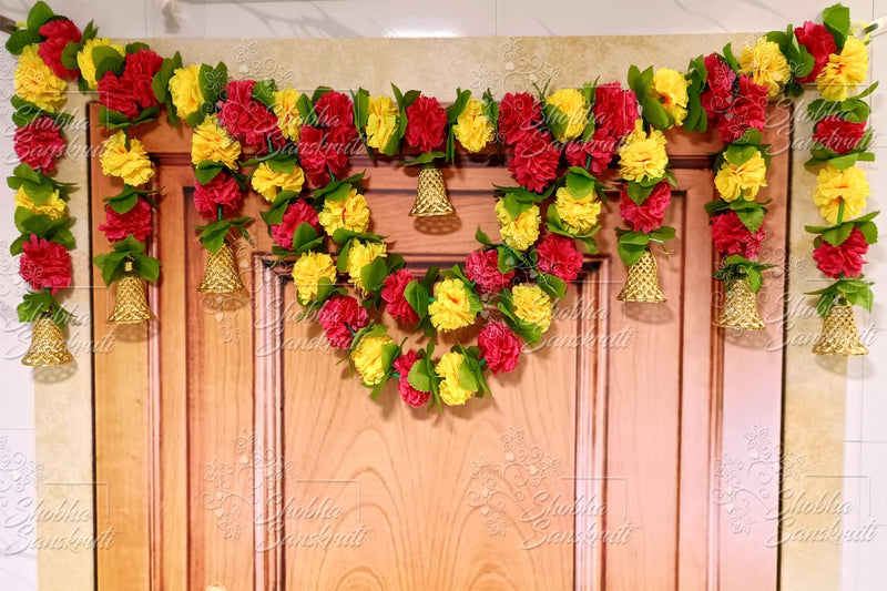 Shobha Sanskruti Artificial Marigold Flowers Garlands Toran Door Hangings (Red & Yellow)