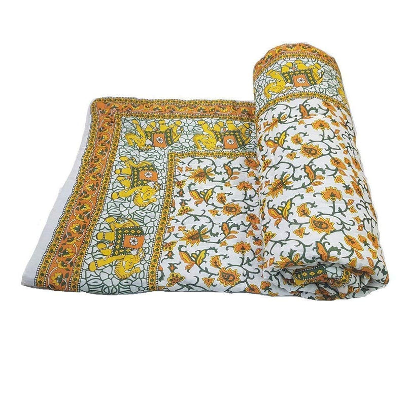 SVT Traditional Famous Jaipuri Beautiful Floral Print in Multi Green mughal Print Jaipuri Rajai/Razai/Quilt Twin Size/Twin Size Bed Quilt/Comforter/AC Quilt/AC Comforter