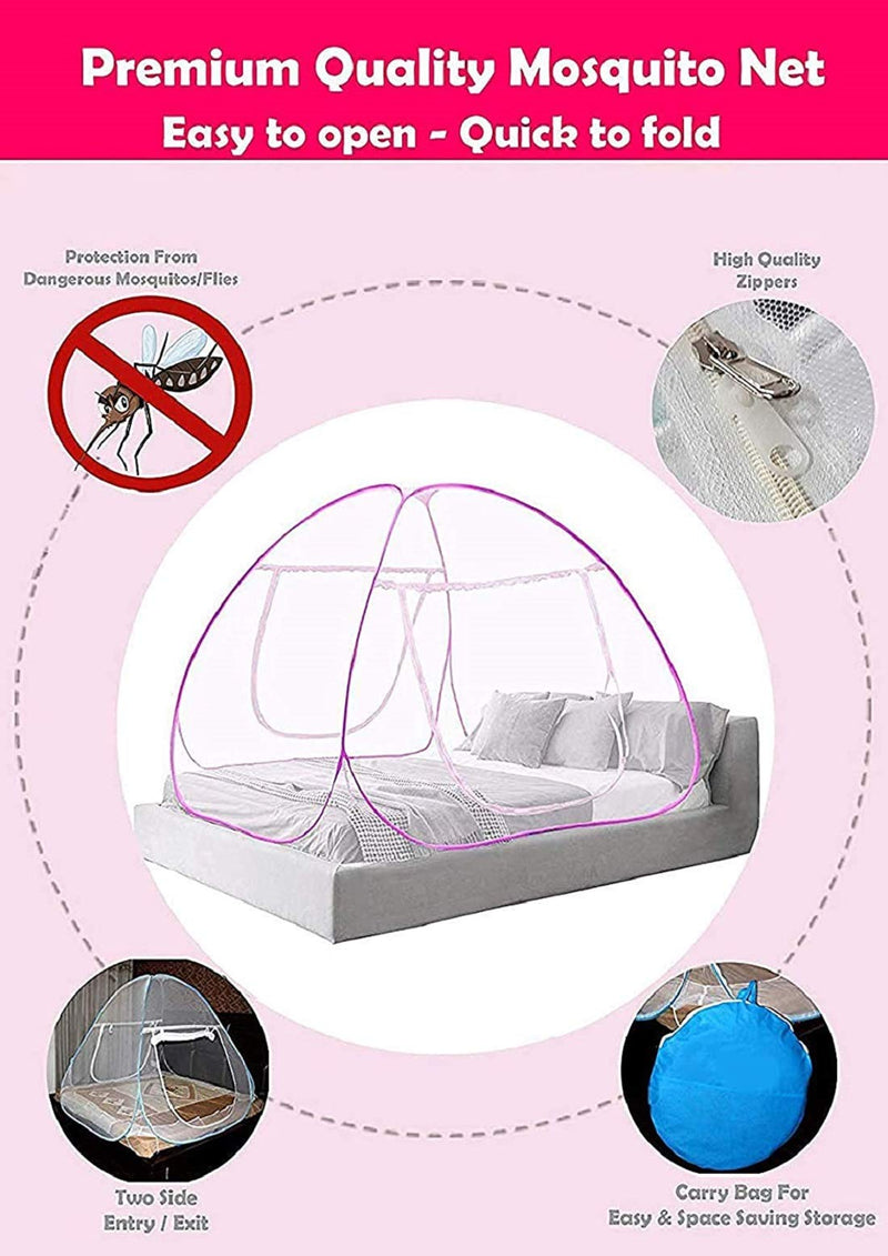 Kuber Industries Mosquito Net Foldable King Size (Double Bed) with Free Saviours 6.5 x 6.5 Feet (Pink)