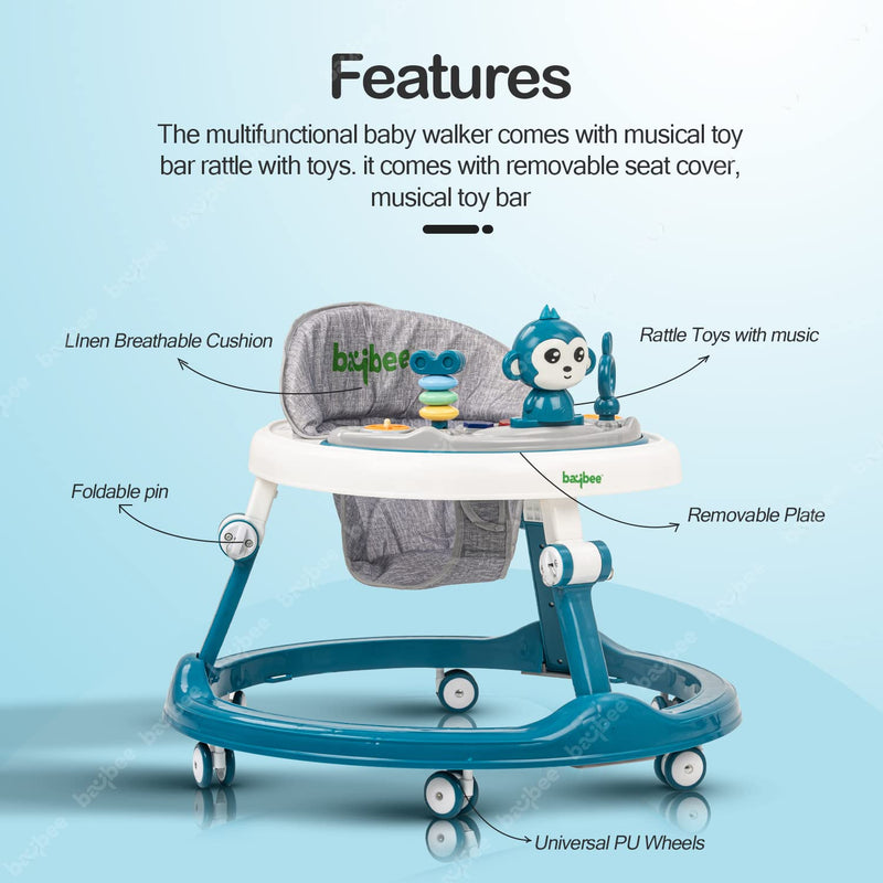 Baybee Drono Baby Walker for Kids, Round Kids Walker with 4 Seat Height Adjustable | Foldable Activity Walker for Baby with Food Tray & Musical Toy Bar | Walker Baby 6-18 Months Boys Girls (Blue)