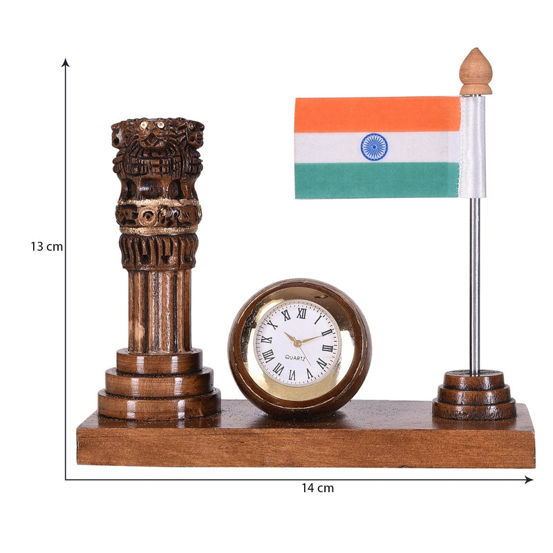 Craft Trade Round Wooden Table Clock - Ashok Stambha Pillar with National Flag Decorative Showpiece Gift for Home and Office Décor