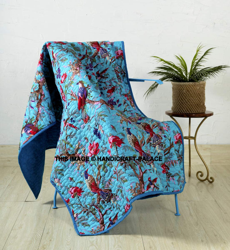 Ravaiyaa - Attitude is everything Machine Quilted Soft Cotton Sofa Throw Handmade Bird Printed Blanket Bedroom Decor Throw 50"x70" (Turquoise)