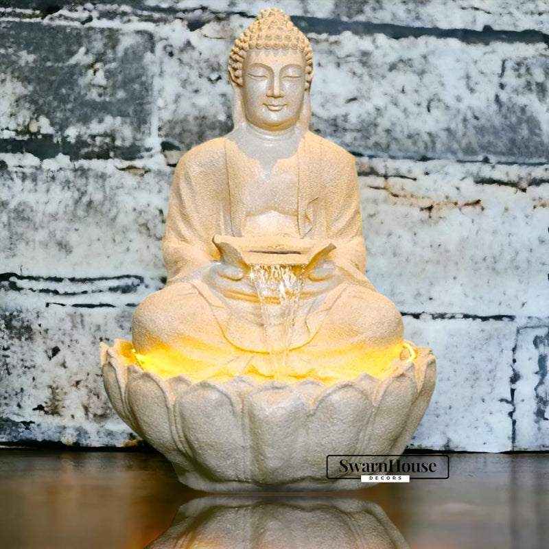 Swarnhouse Buddha Lotus Water Fountain with Light, 91 cm, Decorative Outdoor Garden Fountain for Home and Office 3 Feet (Cream)