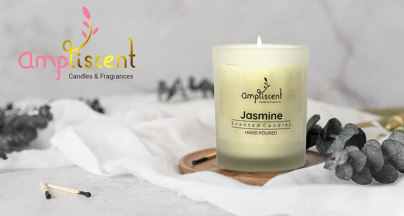 Ampliscent Natural Scented Candle for Home Decor | Highly Fragranced Frosted Glass Jar with Lid | 40 Hours Burning Time | Hand Poured Pure Wax Candles - Jasmine