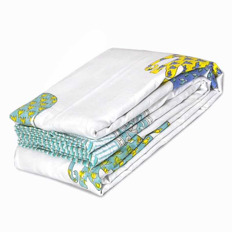 TOAIArt Jaipuri Dohar Quilt for Summer Hand Block Printed 3 Layers Reversible 100% Mulmul Cotton Flannel Filling Single Size 60” X 90” Elephant (White Blue Green Yellow)