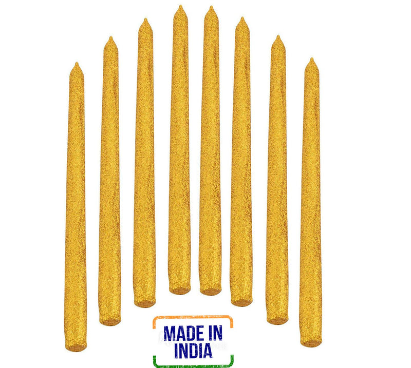 atorakushon® Smokeless Scented Paraffin Wax Golden Glitter Tapered Stick Candles Decorations for Living Room, Hall Room, Dinner Table,Birthday Party, Pack of 8