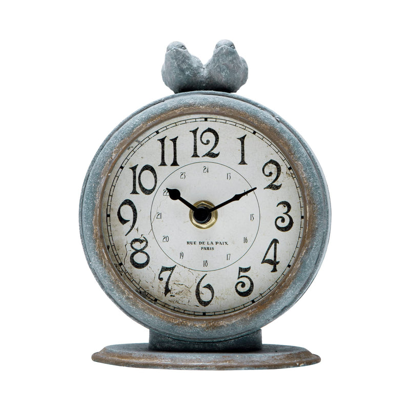 NIKKY HOME Shabby Chic Pewter Round Quartz Table Clock with 2 Birds, 4.75" x 2.5" x 6.12" Slate Grey