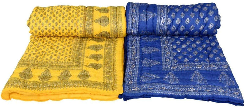 THROW KING Single Bed Jaipuri Cotton Razai/rajai/Blanket Ac Quilt Soft Cozy Light Weight Rajasthani Traditional Cotton Comforter (Blue/Yellow, Pack of 2)