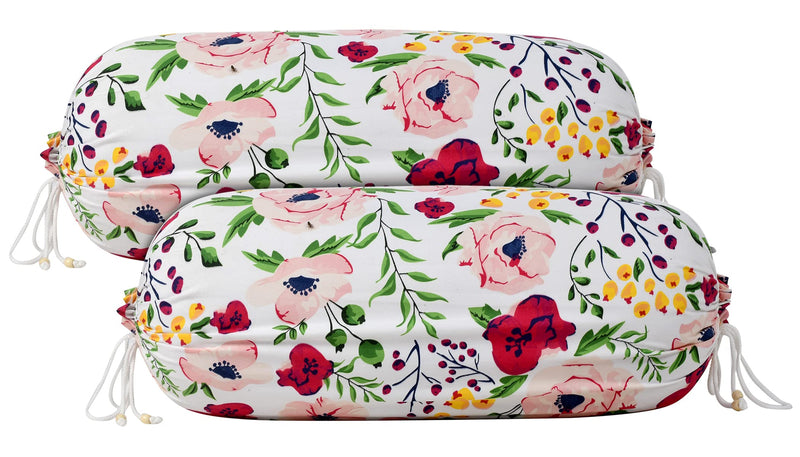 Kuber Industries Flower Printed Cotton Bolster Cover|Ideal 16x32 Inch Size|Soft & Smooth Cotton|Deewan Round Pillow Cover|Pack of 2 (White & Pink)-44KM0129