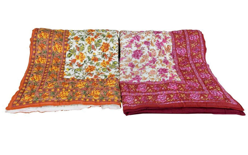 HOPEE Shop Jaipuri Razai Soft Light Weight Original Pure Cotton Winter and Summer Rajasthani Traditional Jaipuri Ac Quilt Single Bed, Set of 2 (Garden Flower Beige and Pink)