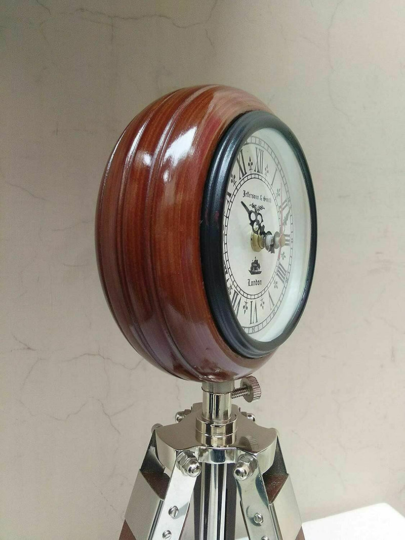 ALI NAUTICAL Antique Wooden Table Top Clock Desk Clock with Wooden Tripod Stand Table Clock Home & Office Studio Living Room Decoration Gift Item