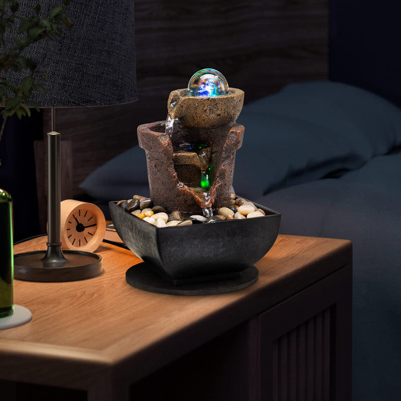 Tabletop Fountain Indoor Waterfall Meditation Fountain Office Relaxing Tabletop Fountain Includes Many Natural River Rock LED Lights Rolling Decorative Bubble Balls