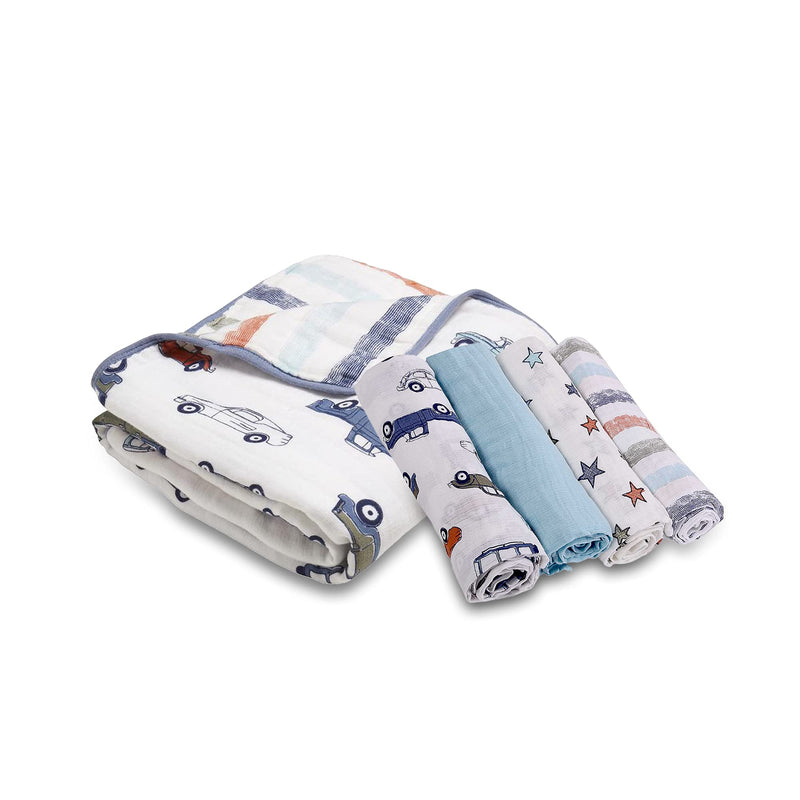 MOM'S HOME Organic Cotton Baby Bedding Gift Combo - 0-3 Year-110x120 AC Quilt & Pack of 4 - Muslin - Blue