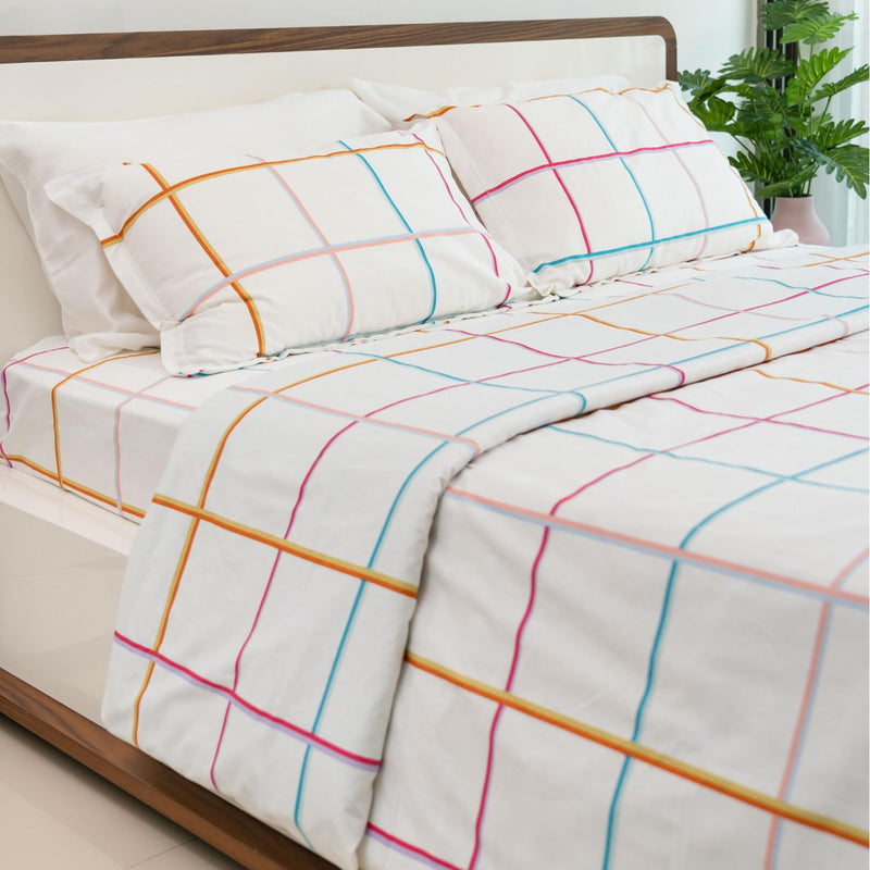 Haus & Kinder 100% Cotton Queen Size Bedsheet for Double Bed, 1 Cotton Bed Sheet Double Bed (90 X 100 Inches) with 2 Pillow Covers | 186 TC Bed Sheet Double Bed Cotton | Rainbow Checks