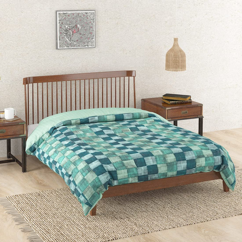 Fabindia Teal Symphony Cotton Quilt Embroidered -Double