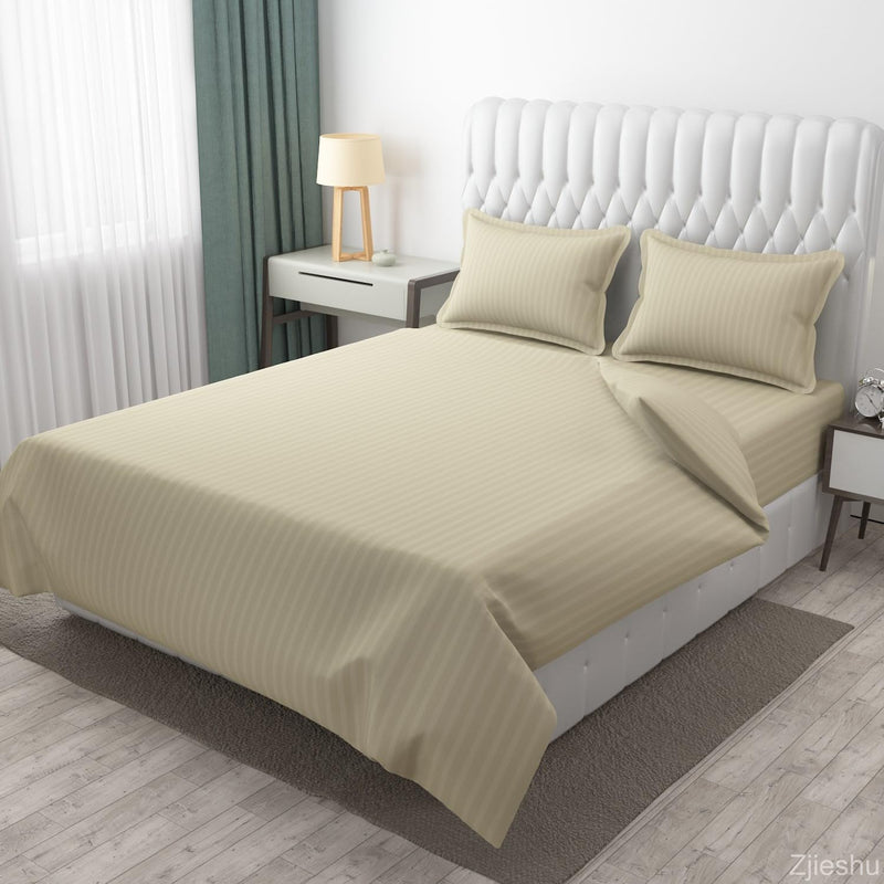 Cool Dealzz Linen 100% Cotton 300tc King Size Beige Colour Stripe Double Bed bedsheet with 2 Pillow Cover,Size:95x95 King Size Bed