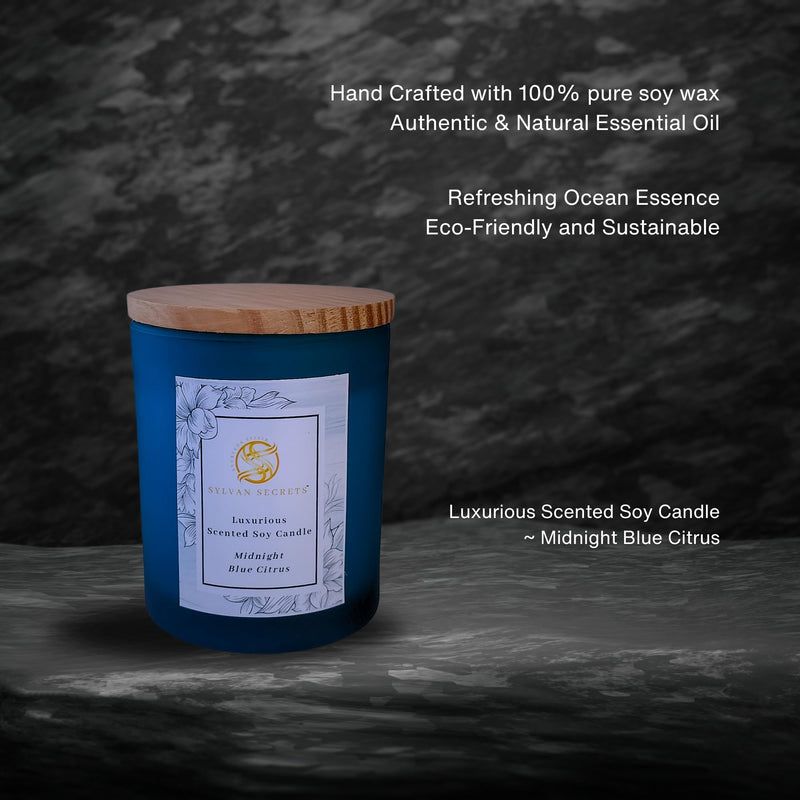 Sylvan Secrets Luxurious Scented Soy Candle Midnight Blue Citrus | Pure & Natural Oil & Fragrance | Exotic & Refreshing Aroma | 180 gm