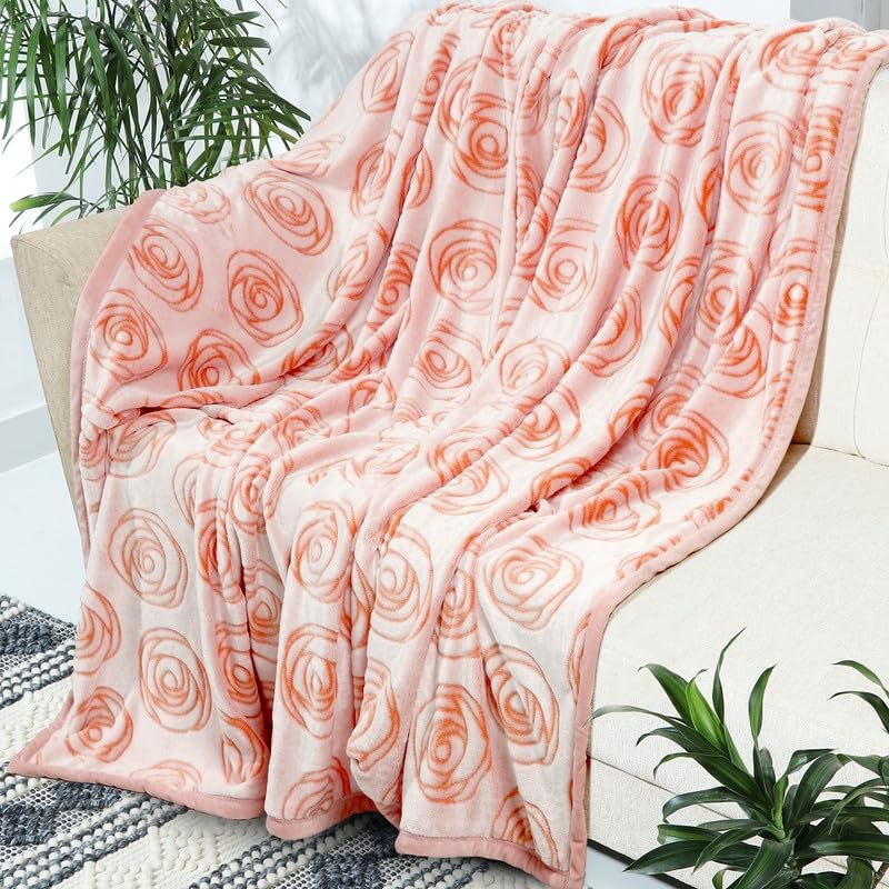 BSB HOME® Premium Jacquard Laser Cut Plush Flannel Double Bed Blanket | 300 GSM Lightweight Cozy Soft for Bed, Sofa, Couch, Travel & Camping| 230 x 220 cm or 90 x 90 inches | Colour - Pink and White