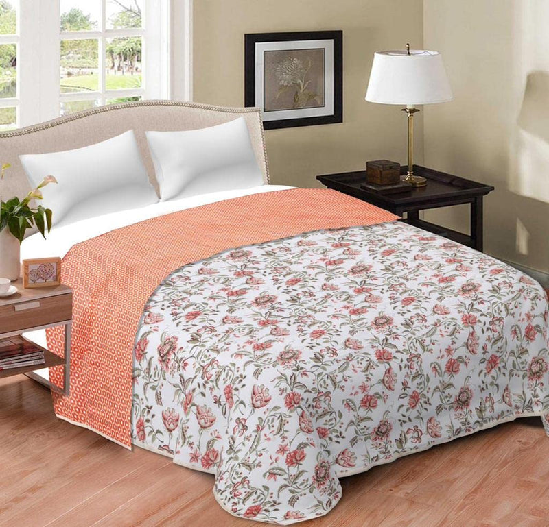 WONDERLOOK Pure Cotton Reversible AC Blanket/Dohar for Home Single Bed 58 x 88 /AC Blanket | Soft Light-Weight Bed Blanket/100% Cotton Malmal Single Bed Dohar Set of 2 pcs- Peach-Flowers