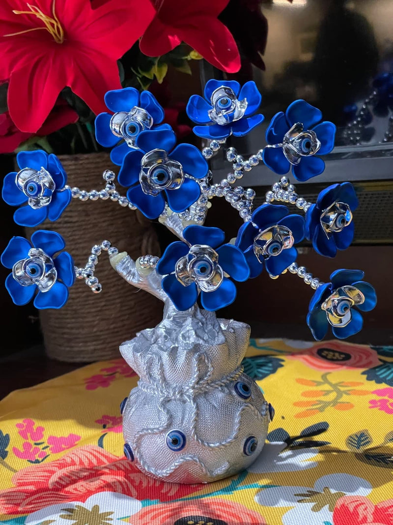 Blue Beads Turkish Evil Eye Flowers Tree with Silver Money Bag Feng Shui Protection Wealth Prosperity Table Centerpiece Ornament for Home Office Decor Protection Gift