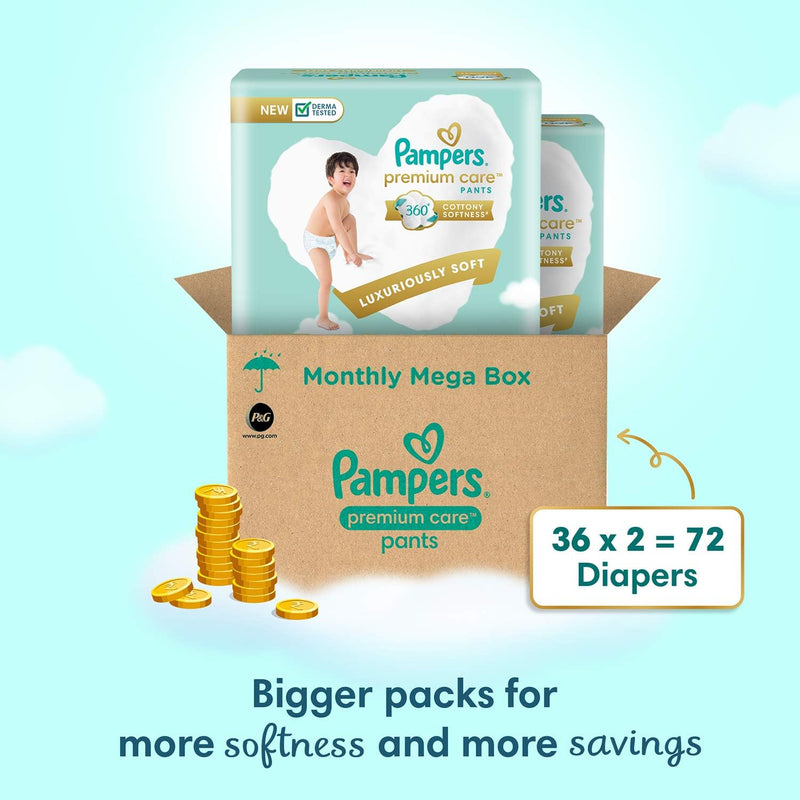 Pampers Premium Care Pants Style Baby Diapers, X-Large (XL) Size, 72 Count, All-in-1 Diapers with 360 Cottony Softness, 12-17kg Diapers