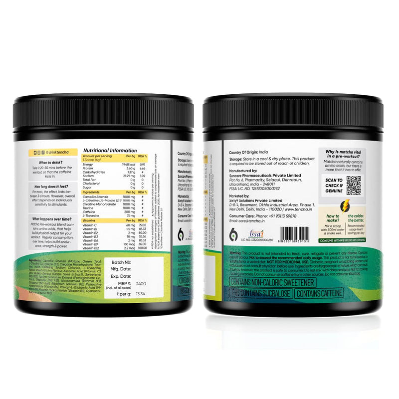 Tencha Pre Workout Supplements For Men & Women, 180G Powder, 30 Servings, With 200Mg Caffeine, 1000Mg Citrulline With Creatine, Taurine For Workouts & Training Reduces Recovery Time Post Workout