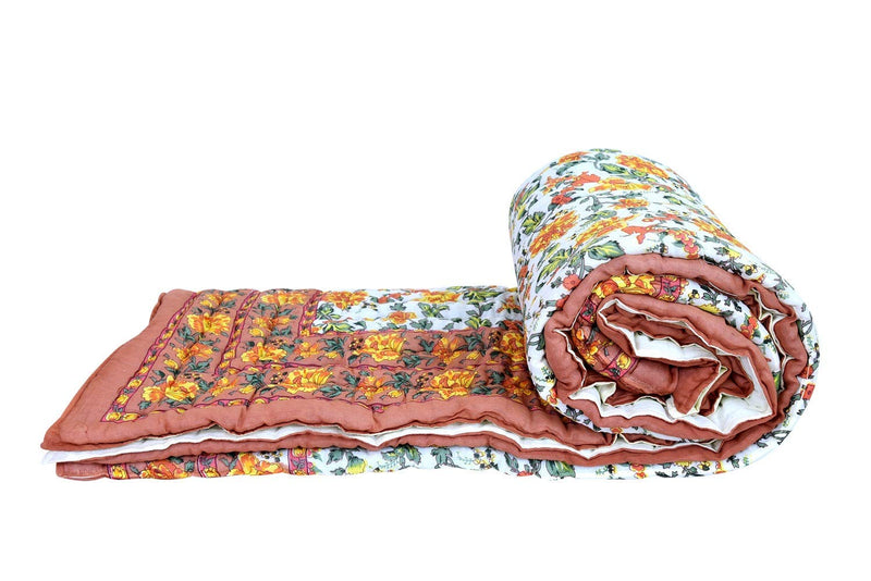 SVT Traditional Famous Rajasthani Print Jaipuri Beautiful Floral Print in Multi Coffee mughal Print Jaipuri Rajai/Razai/Quilt King Size/King Size Bed Quilt/Comforter/AC Quilt/AC Comforter