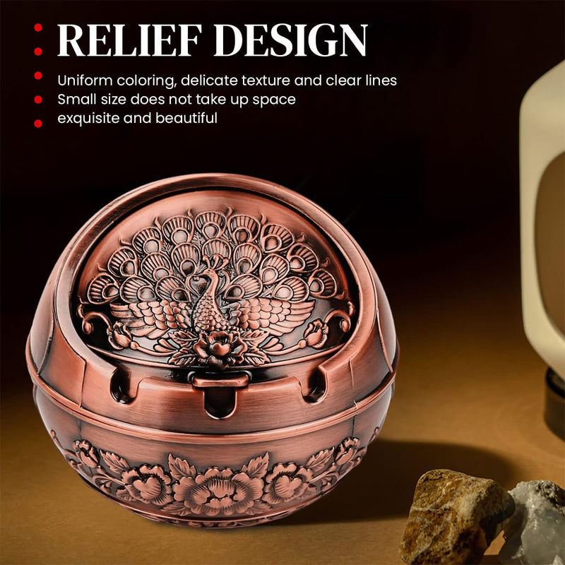 HASTHIP® Peacock Ashtray Retro Zinc Alloy Ashtray with Closing Lid Decorative Embossing Peacock Ashtry with 3 Cigarette Holder Grooves Home Gift Car Ashtry, 10x10x9cm