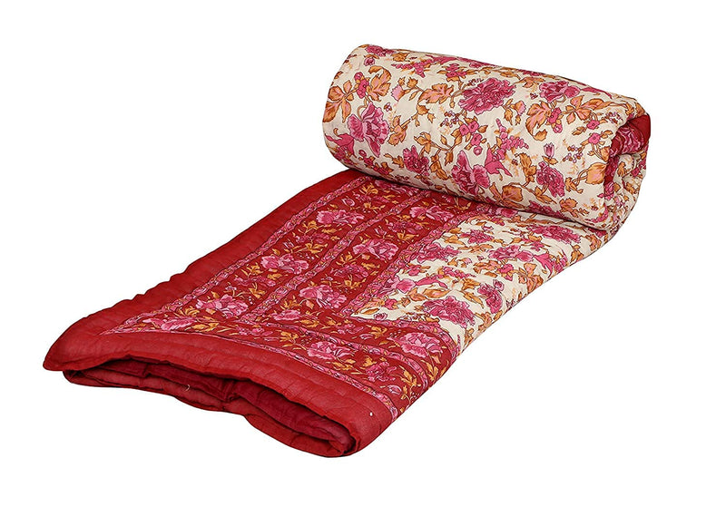 Hopee Shop- 210 TC Jaipuri Traditional Hand Block with Floral Printed Cotton Soft Single Bed Rajasthani Reversible Quilt (Queen, Off White Green)