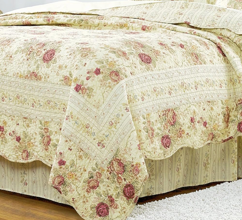 Finely Stitched Romantic Roses Bedding Cotton Quilt Set Queen Size - Includes 4pc Bed Sheet Grippers Straps