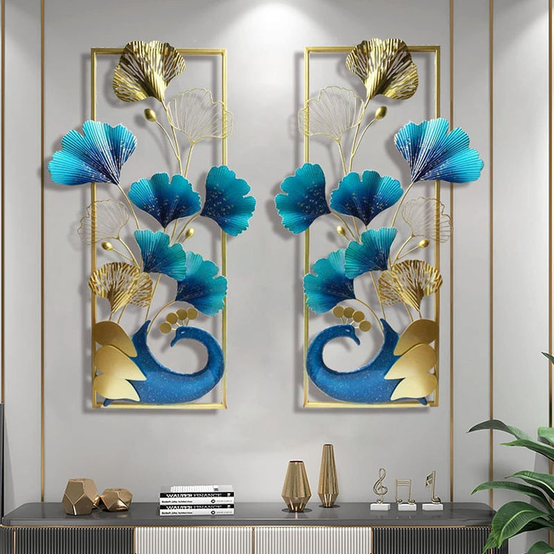 A4 METAL CREATION Metal Wall Art Decor 3D Peacock and Ginkgo Leaf Metal Wall Hanging Sculpture Natural Home Art Decorations for Home Office Living Room Bathroom (87x46cm, 2 Pcs)