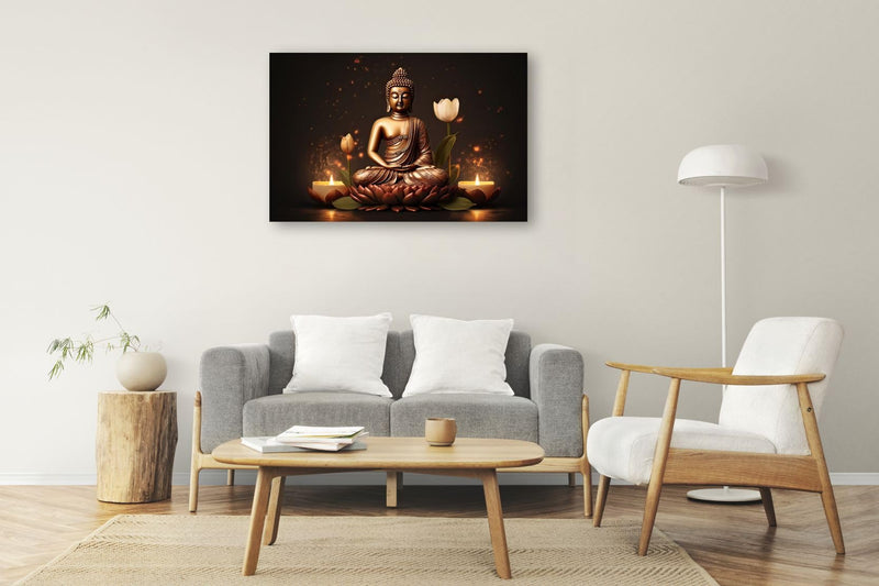 WALLMAX Wood Premium Lord Buddha Canvas Wall Art Painting For Home Living Room|Wall Decor Arts Set Of 1-(Large-32' Inch X 21' Inch), With Frame