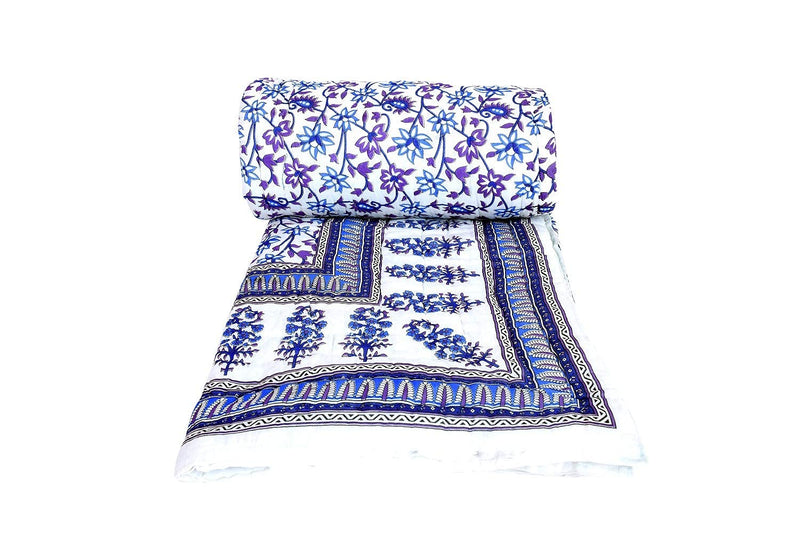 SVT Traditional Famous Rajasthani Print Jaipuri Beautiful Floral Print in Multi Blue and Purple in mughal Print Jaipuri Rajai/Razai/Quilt Double/Double Bed Quilt/Comforter/AC Quilt/AC Comforter