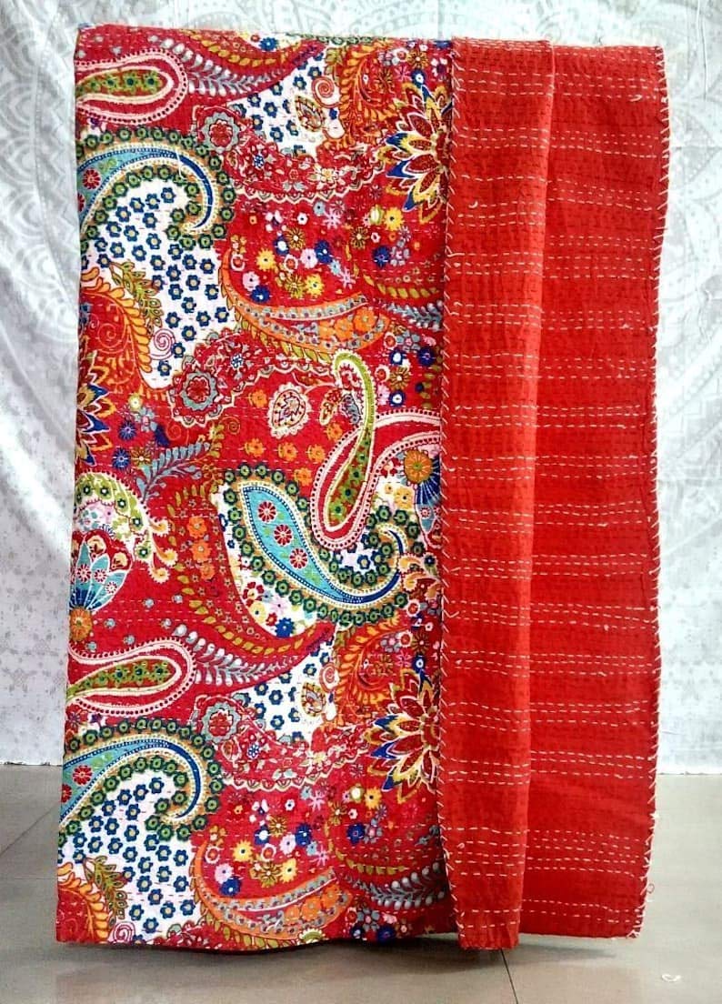 TI AMO Textile Work Creations Handmade Hippie Bed-Cover Throw and Cotton Single Size Twin-Size Kantha Blanket/Quilt (Red, 60 X90 Inch)