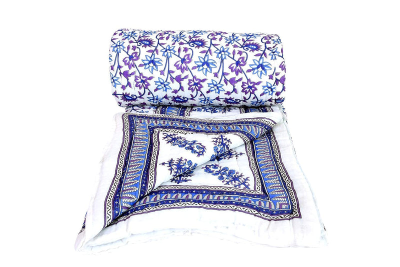 SVT Traditional Famous Rajasthani Print Jaipuri Beautiful Floral Print in Multi Blue and Purple in mughal Print Jaipuri Rajai/Razai/Quilt Double/Double Bed Quilt/Comforter/AC Quilt/AC Comforter