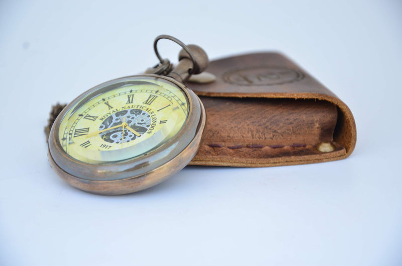 USEW Handmade Antique Brass Clock Roman Numerals Clock with Chain and A Brown Leather Bag