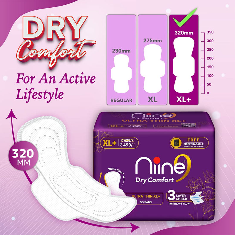 NIINE Dry Comfort Ultra Thin XL+ Sanitary Napkins for Heavy Flow (Pack of 1) 50 Pads with Free Biodegradable disposable bags