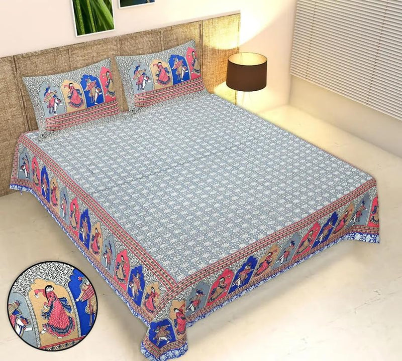 Cotton Fabric Cultural Dance Design Printed King Size Bedsheet with Two Pillow Covers(Blue)-ETH-OXF-130-BLU