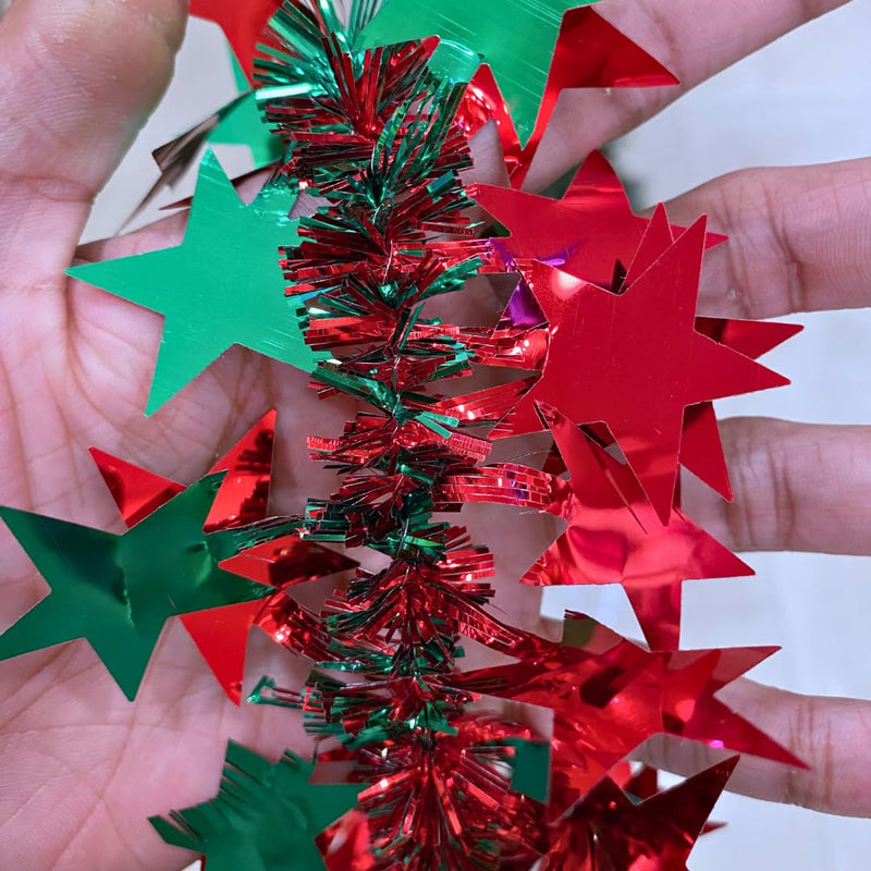 Wanna Party Christmas Tinsel 2D Stars Tree Wraps,Sparkly Star Tinsel Garlands with Wire for Christmas Tree, Home, Wedding, Party, Festive Ornament (Red,Green)