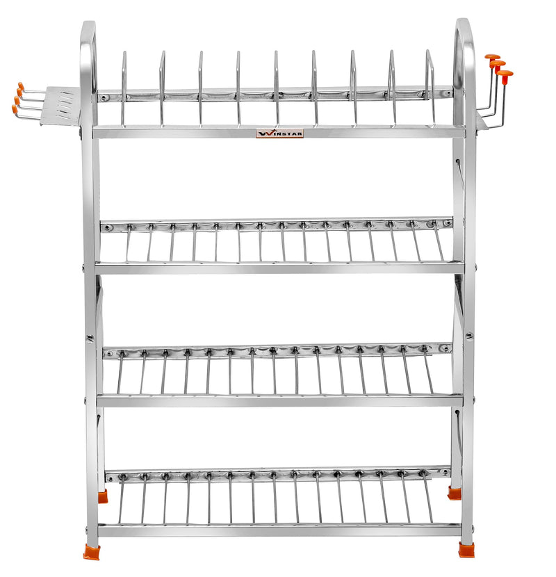 WINSTAR Stainless Steel 4 Shelf Wall Mount Kitchen Utensils Rack | Dish Rack with Plate & Cutlery Stand & Glass Holder | Modular Kitchen Storage Rack | (24 H X 18 L w/d Glass Holder, Tiered Shelf)