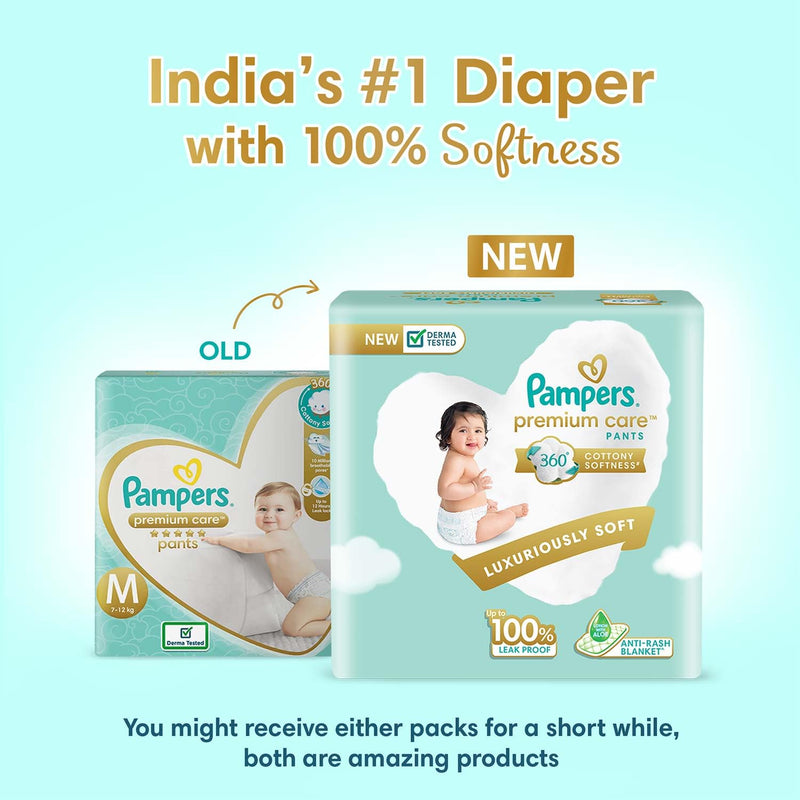 Pampers Premium Care Pants Style Baby Diapers, Medium (M) Size, 216 Count, All-in-1 Diapers with 360 Cottony Softness, 7-12kg Diapers