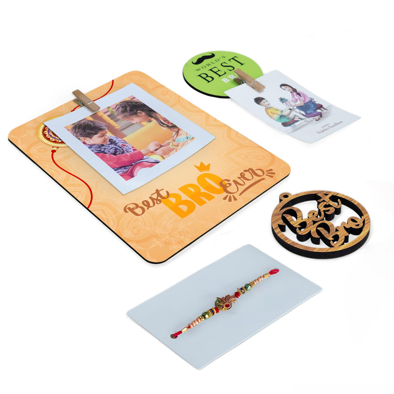 Art Street Rakhi Gift Hamper Combo Set-One 6x8 Inch Photo Clip Frame With Peacock Rakhi for Brother, Best Bro Keychain, Happy Raksha Bandhan, One Photo Clip Best Brother Fridge Magnet