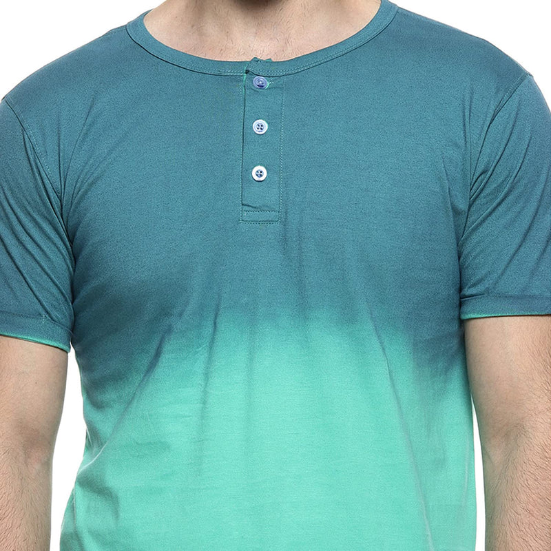 Campus Sutra Men's Blue and Mint Ombre Henley Neck Short Sleeve Regular Fit T-Shirt for Regular Wear | T-Shirt Crafted with Comfort Fit and High-Performance for Everyday Casual Wear