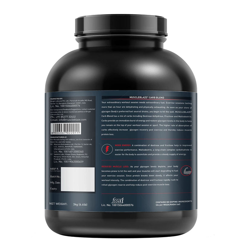 MuscleBlaze Carb Blend Powder, 3 Kg / 6.6 Lb Unflavoured