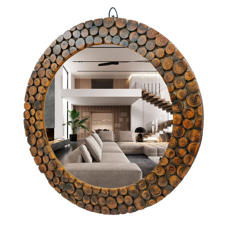 Homedeco Handmade Wooden Antique Frame Round Wall-Mounted Mirror, Mirror for Bathroom, Living Room, Wall Basin, Study Room, Office, Brown (18x18 Inch), Framed
